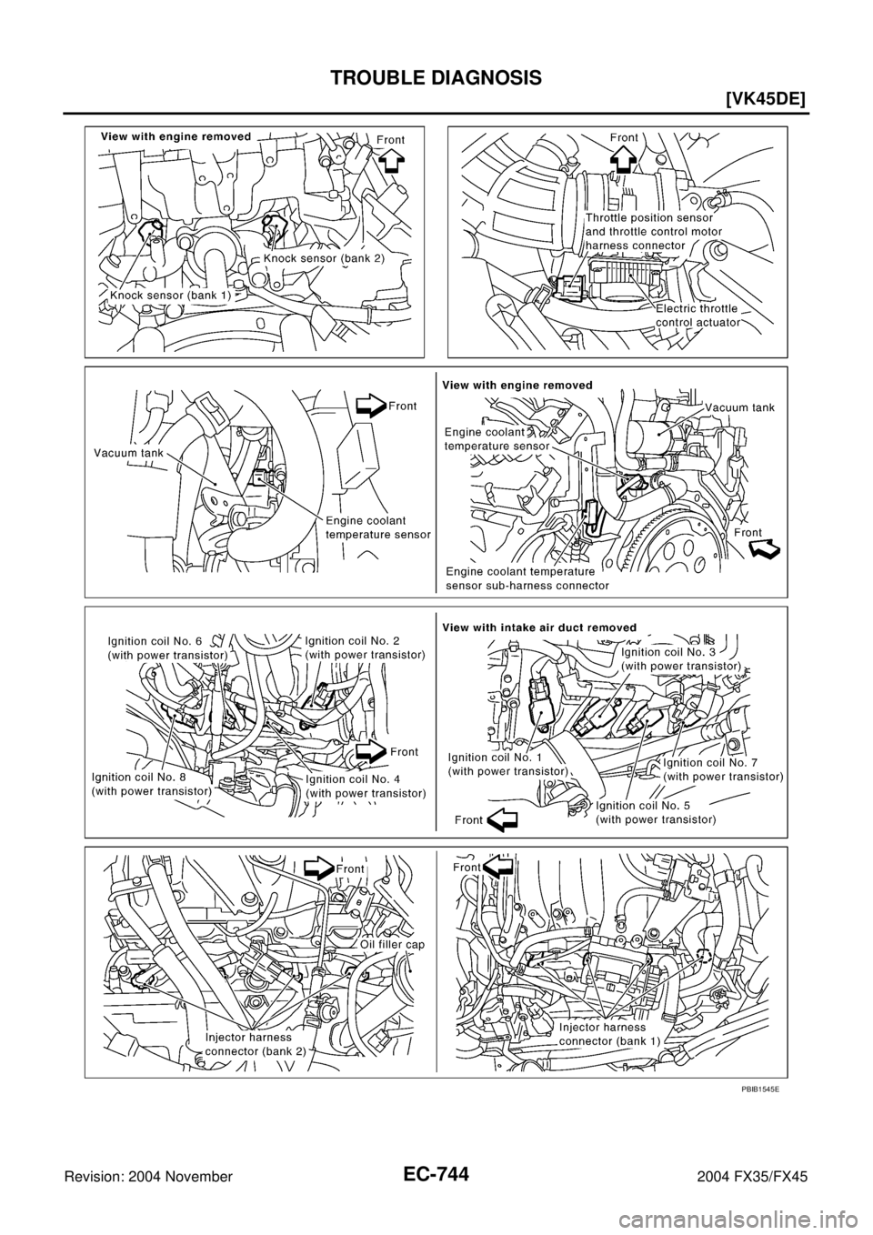 INFINITI FX35 2004  Service Manual EC-744
[VK45DE]
TROUBLE DIAGNOSIS
Revision: 2004 November 2004 FX35/FX45
PBIB1545E 