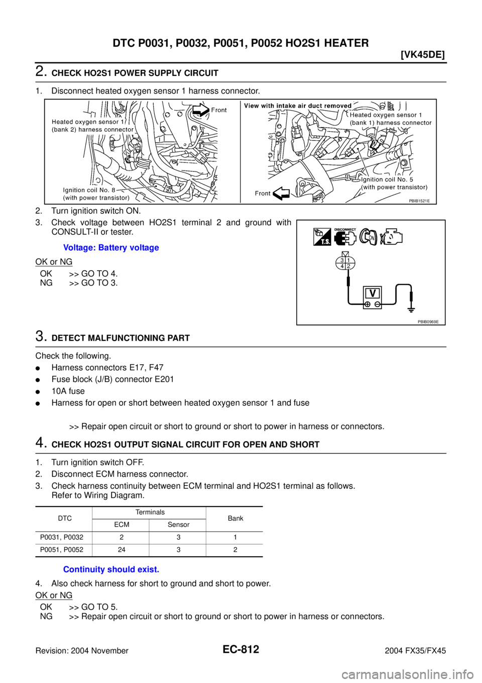 INFINITI FX35 2004  Service Manual EC-812
[VK45DE]
DTC P0031, P0032, P0051, P0052 HO2S1 HEATER
Revision: 2004 November 2004 FX35/FX45
2. CHECK HO2S1 POWER SUPPLY CIRCUIT
1. Disconnect heated oxygen sensor 1 harness connector.
2. Turn i