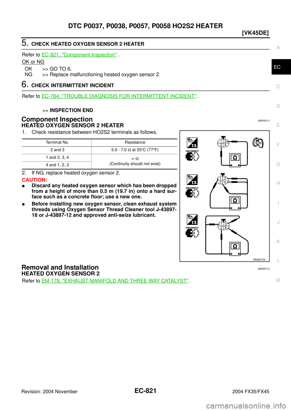 INFINITI FX35 2004  Service Manual DTC P0037, P0038, P0057, P0058 HO2S2 HEATER
EC-821
[VK45DE]
C
D
E
F
G
H
I
J
K
L
MA
EC
Revision: 2004 November 2004 FX35/FX45
5. CHECK HEATED OXYGEN SENSOR 2 HEATER
Refer to EC-821, "
Component Inspect