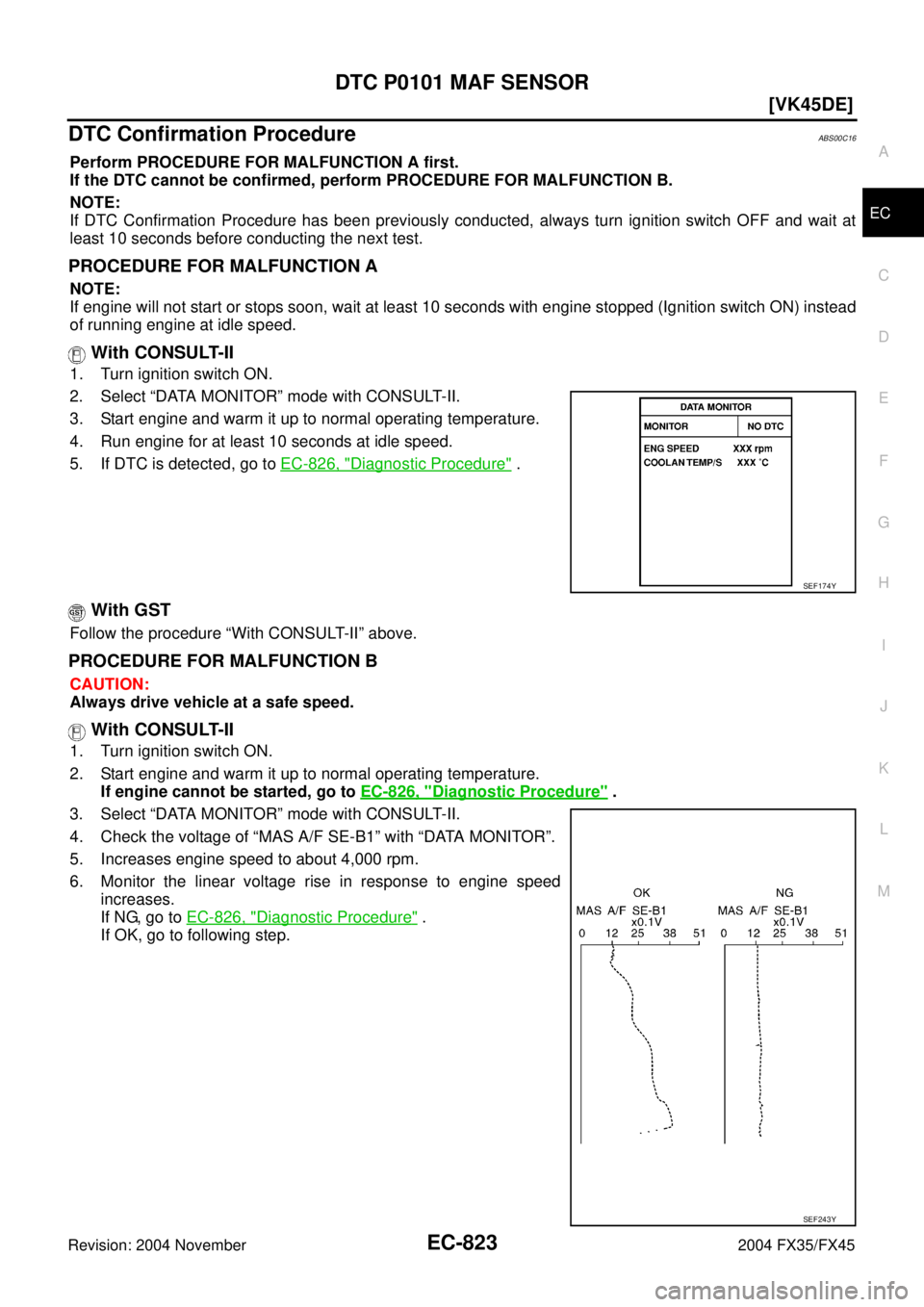 INFINITI FX35 2004  Service Manual DTC P0101 MAF SENSOR
EC-823
[VK45DE]
C
D
E
F
G
H
I
J
K
L
MA
EC
Revision: 2004 November 2004 FX35/FX45
DTC Confirmation ProcedureABS00C16
Perform PROCEDURE FOR MALFUNCTION A first.
If the DTC cannot be