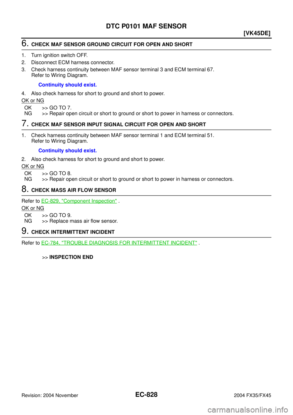 INFINITI FX35 2004  Service Manual EC-828
[VK45DE]
DTC P0101 MAF SENSOR
Revision: 2004 November 2004 FX35/FX45
6. CHECK MAF SENSOR GROUND CIRCUIT FOR OPEN AND SHORT
1. Turn ignition switch OFF.
2. Disconnect ECM harness connector.
3. C