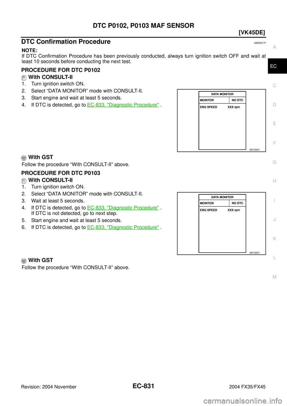 INFINITI FX35 2004  Service Manual DTC P0102, P0103 MAF SENSOR
EC-831
[VK45DE]
C
D
E
F
G
H
I
J
K
L
MA
EC
Revision: 2004 November 2004 FX35/FX45
DTC Confirmation ProcedureABS00C1F
NOTE:
If DTC Confirmation Procedure has been previously 