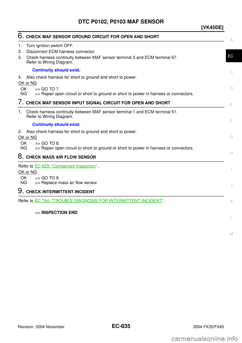 INFINITI FX35 2004  Service Manual DTC P0102, P0103 MAF SENSOR
EC-835
[VK45DE]
C
D
E
F
G
H
I
J
K
L
MA
EC
Revision: 2004 November 2004 FX35/FX45
6. CHECK MAF SENSOR GROUND CIRCUIT FOR OPEN AND SHORT
1. Turn ignition switch OFF.
2. Disco
