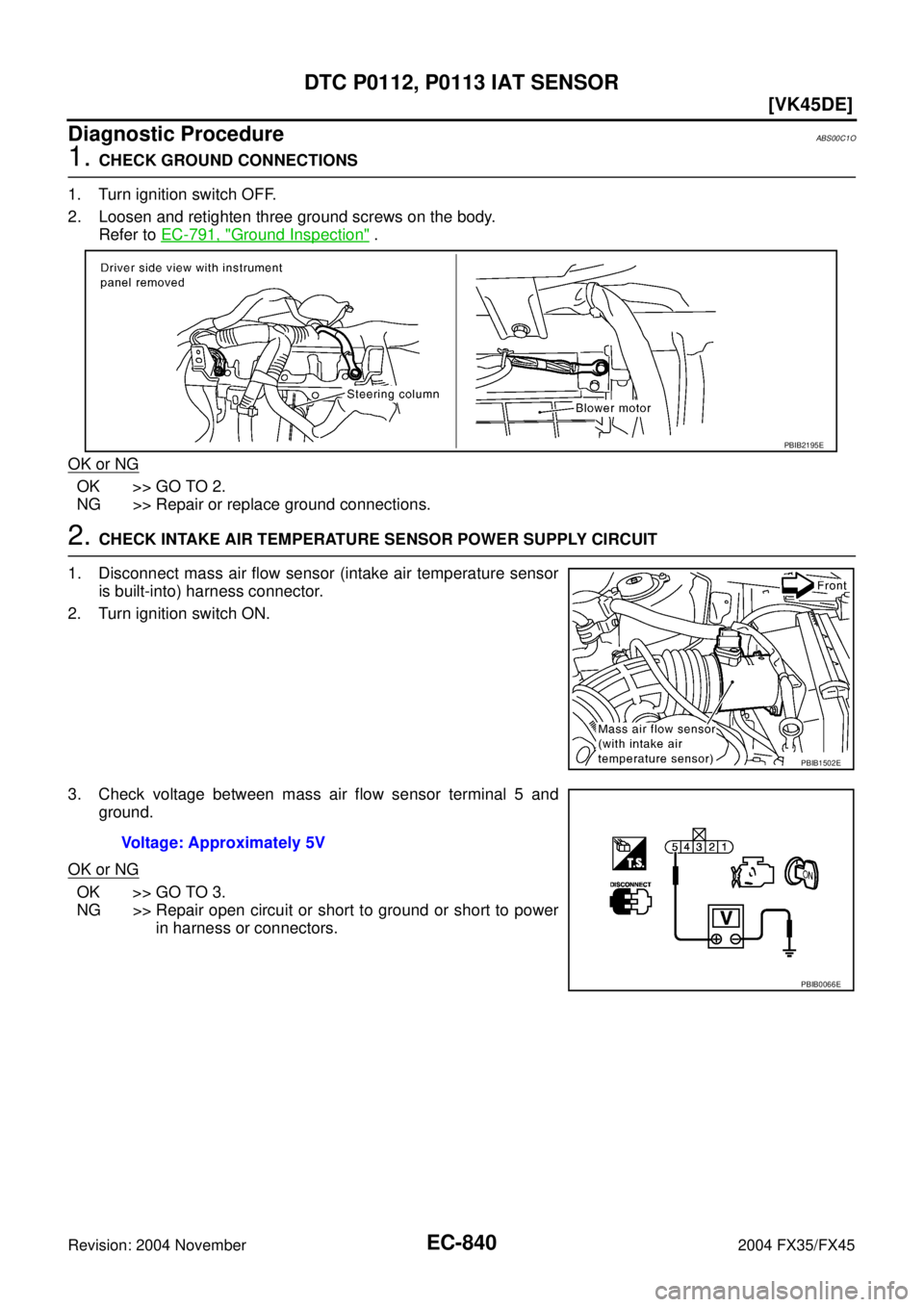 INFINITI FX35 2004  Service Manual EC-840
[VK45DE]
DTC P0112, P0113 IAT SENSOR
Revision: 2004 November 2004 FX35/FX45
Diagnostic ProcedureABS00C1O
1. CHECK GROUND CONNECTIONS
1. Turn ignition switch OFF.
2. Loosen and retighten three g