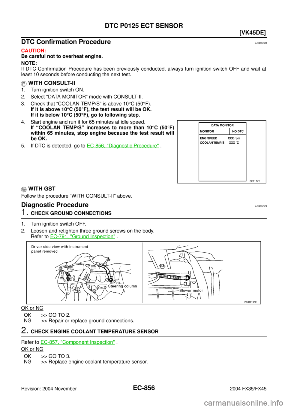 INFINITI FX35 2004  Service Manual EC-856
[VK45DE]
DTC P0125 ECT SENSOR
Revision: 2004 November 2004 FX35/FX45
DTC Confirmation ProcedureABS00C28
CAUTION:
Be careful not to overheat engine.
NOTE:
If DTC Confirmation Procedure has been 