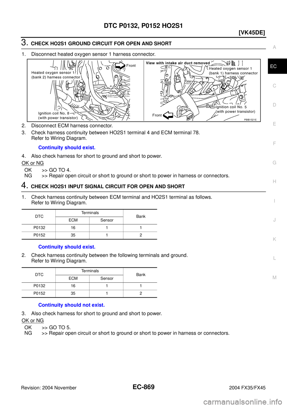 INFINITI FX35 2004  Service Manual DTC P0132, P0152 HO2S1
EC-869
[VK45DE]
C
D
E
F
G
H
I
J
K
L
MA
EC
Revision: 2004 November 2004 FX35/FX45
3. CHECK HO2S1 GROUND CIRCUIT FOR OPEN AND SHORT
1. Disconnect heated oxygen sensor 1 harness co