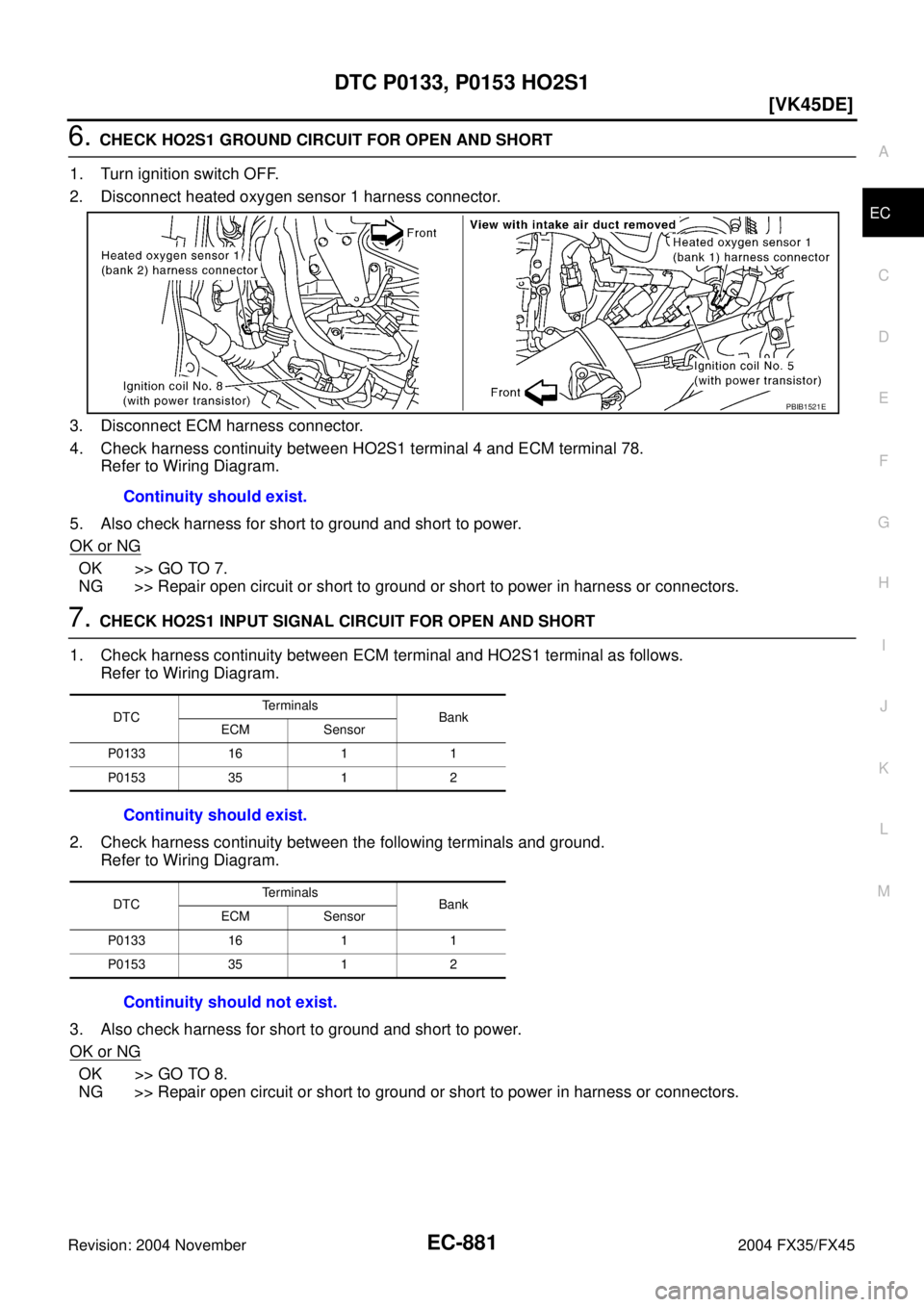 INFINITI FX35 2004  Service Manual DTC P0133, P0153 HO2S1
EC-881
[VK45DE]
C
D
E
F
G
H
I
J
K
L
MA
EC
Revision: 2004 November 2004 FX35/FX45
6. CHECK HO2S1 GROUND CIRCUIT FOR OPEN AND SHORT
1. Turn ignition switch OFF.
2. Disconnect heat