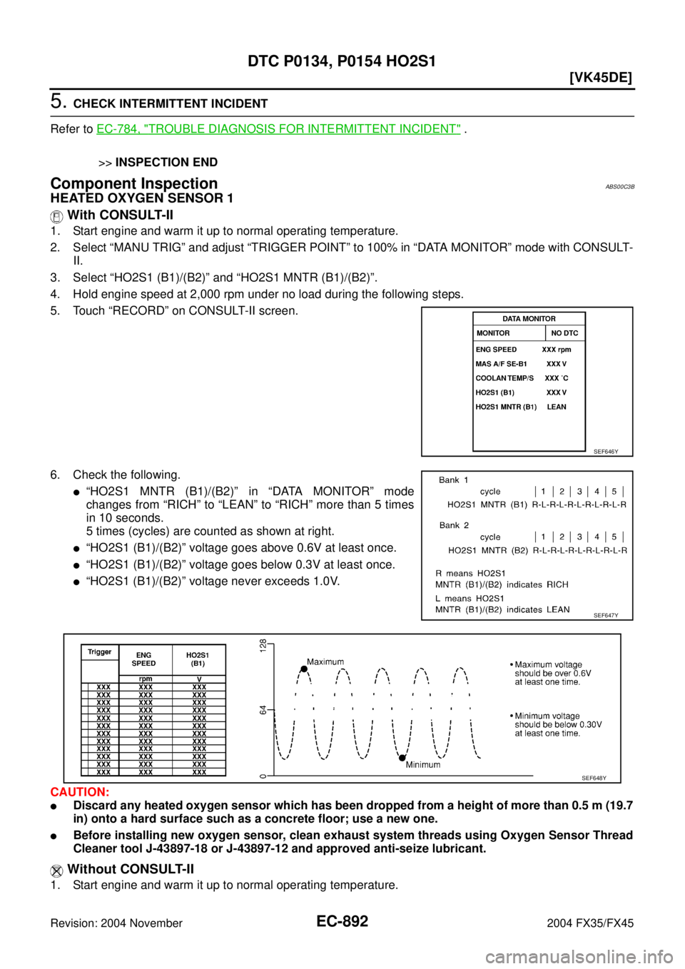 INFINITI FX35 2004  Service Manual EC-892
[VK45DE]
DTC P0134, P0154 HO2S1
Revision: 2004 November 2004 FX35/FX45
5. CHECK INTERMITTENT INCIDENT
Refer to EC-784, "
TROUBLE DIAGNOSIS FOR INTERMITTENT INCIDENT" .
>>INSPECTION END
Componen