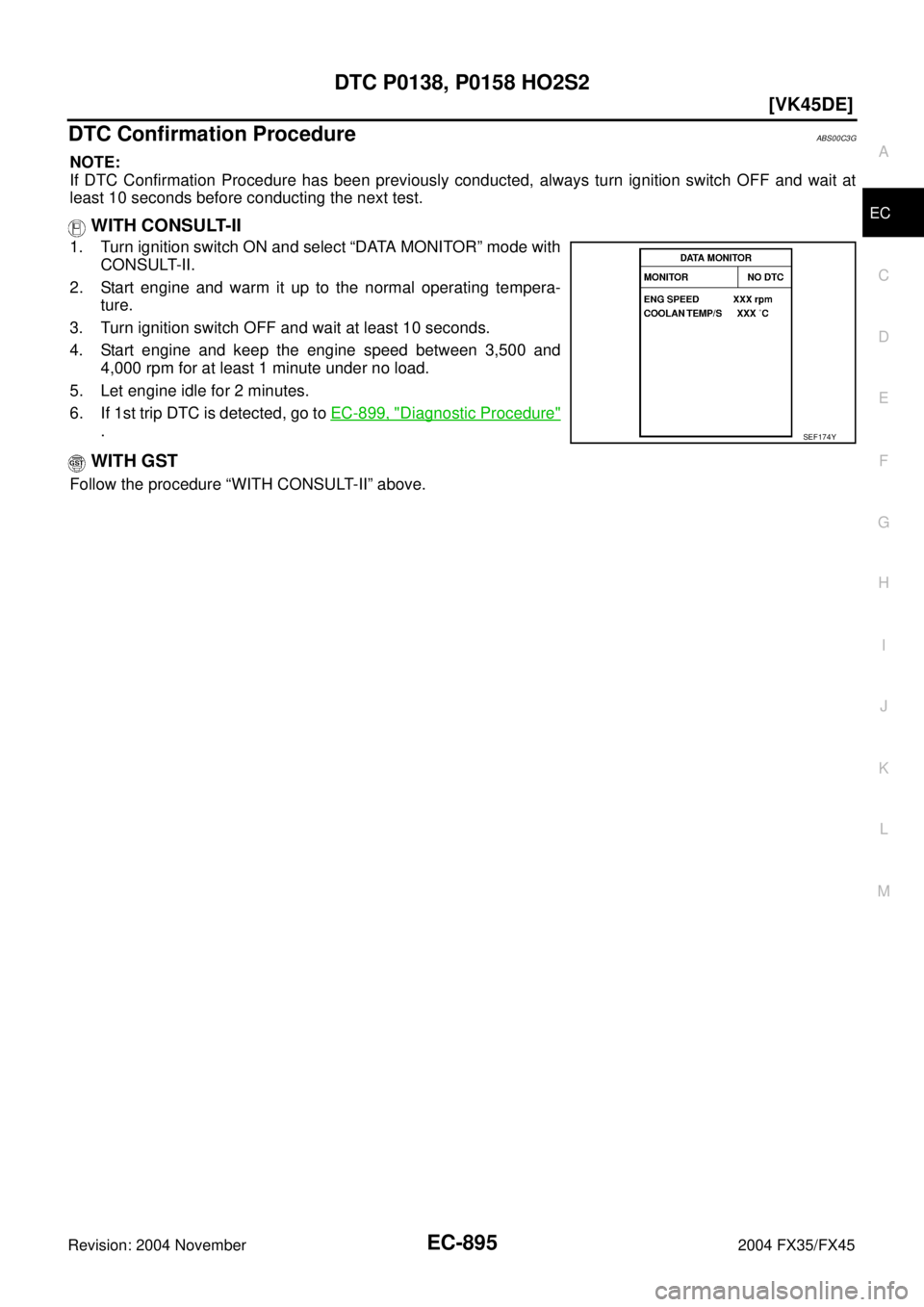 INFINITI FX35 2004  Service Manual DTC P0138, P0158 HO2S2
EC-895
[VK45DE]
C
D
E
F
G
H
I
J
K
L
MA
EC
Revision: 2004 November 2004 FX35/FX45
DTC Confirmation ProcedureABS00C3G
NOTE:
If DTC Confirmation Procedure has been previously condu