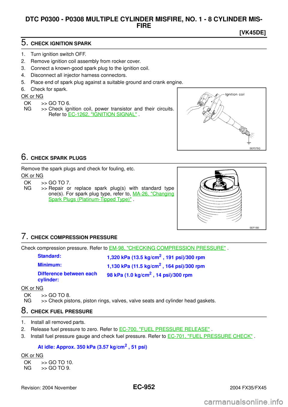 INFINITI FX35 2004  Service Manual EC-952
[VK45DE]
DTC P0300 - P0308 MULTIPLE CYLINDER MISFIRE, NO. 1 - 8 CYLINDER MIS-
FIRE
Revision: 2004 November 2004 FX35/FX45
5. CHECK IGNITION SPARK
1. Turn ignition switch OFF.
2. Remove ignition