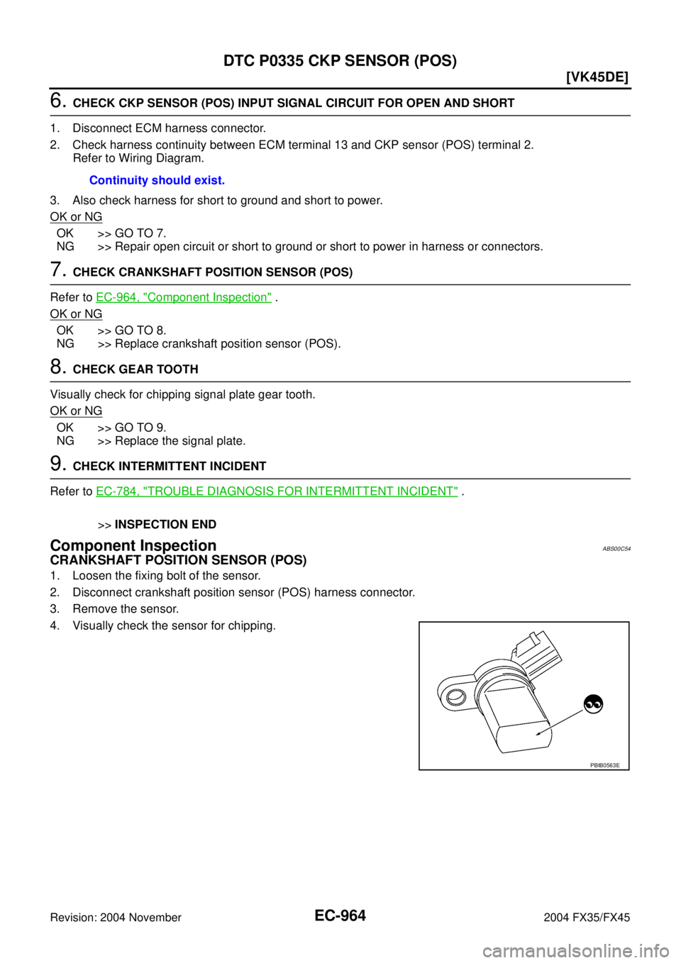 INFINITI FX35 2004  Service Manual EC-964
[VK45DE]
DTC P0335 CKP SENSOR (POS)
Revision: 2004 November 2004 FX35/FX45
6. CHECK CKP SENSOR (POS) INPUT SIGNAL CIRCUIT FOR OPEN AND SHORT
1. Disconnect ECM harness connector.
2. Check harnes