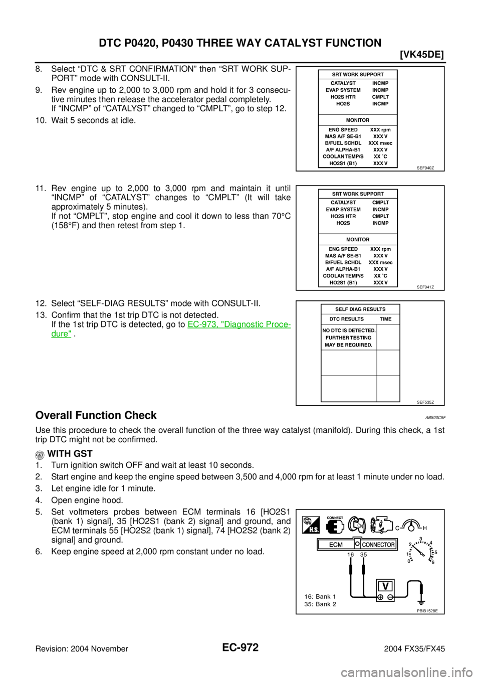INFINITI FX35 2004  Service Manual EC-972
[VK45DE]
DTC P0420, P0430 THREE WAY CATALYST FUNCTION
Revision: 2004 November 2004 FX35/FX45
8. Select “DTC & SRT CONFIRMATION” then “SRT WORK SUP-
PORT” mode with CONSULT-II.
9. Rev en