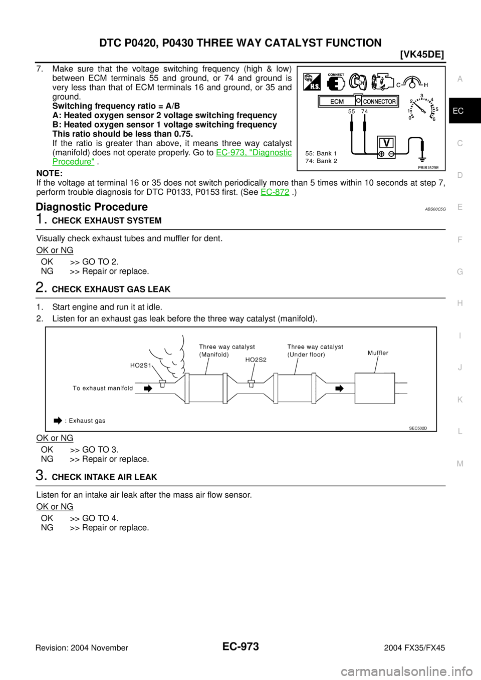 INFINITI FX35 2004  Service Manual DTC P0420, P0430 THREE WAY CATALYST FUNCTION
EC-973
[VK45DE]
C
D
E
F
G
H
I
J
K
L
MA
EC
Revision: 2004 November 2004 FX35/FX45
7. Make sure that the voltage switching frequency (high & low)
between ECM