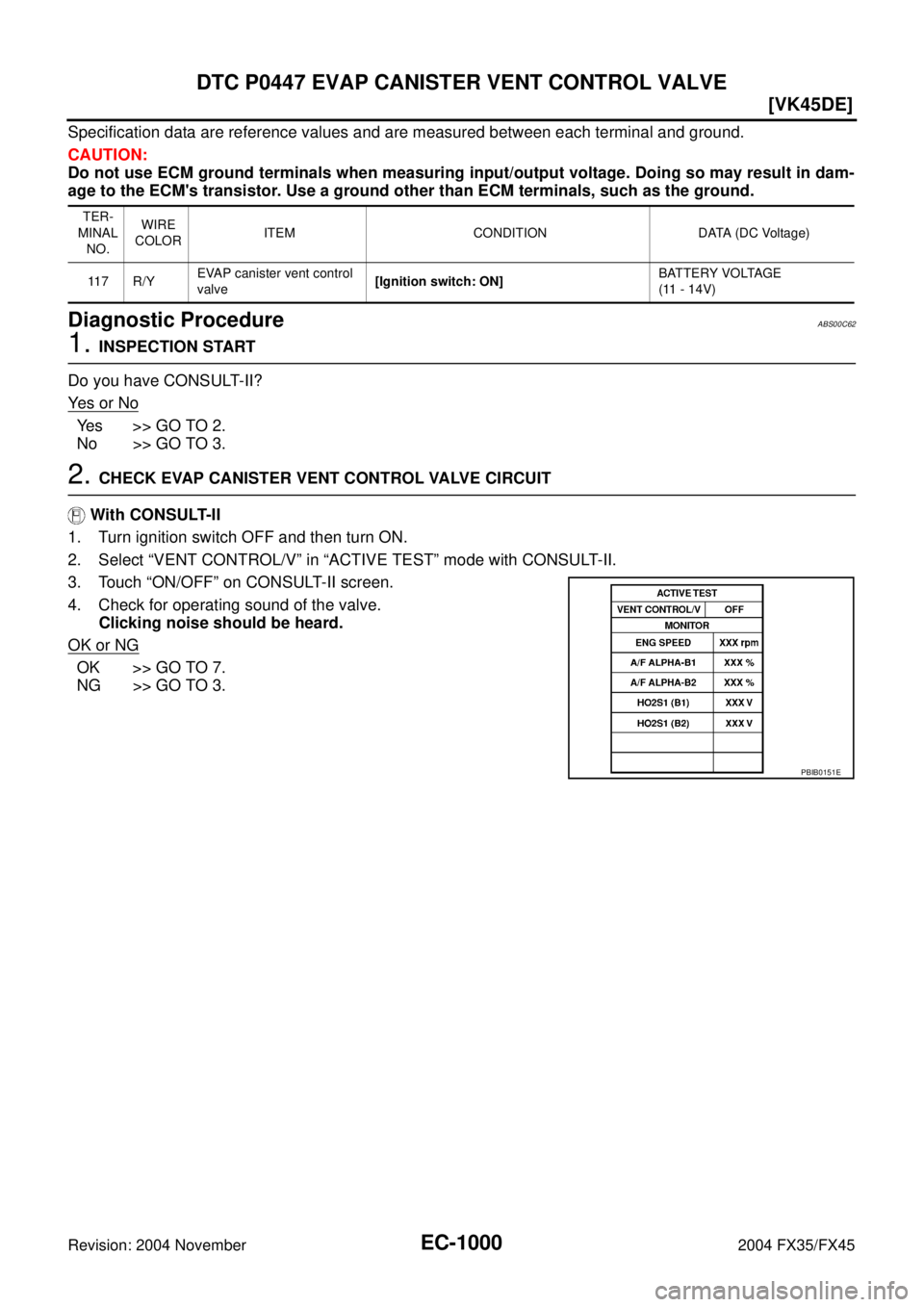 INFINITI FX35 2004  Service Manual EC-1000
[VK45DE]
DTC P0447 EVAP CANISTER VENT CONTROL VALVE
Revision: 2004 November 2004 FX35/FX45
Specification data are reference values and are measured between each terminal and ground.
CAUTION:
D