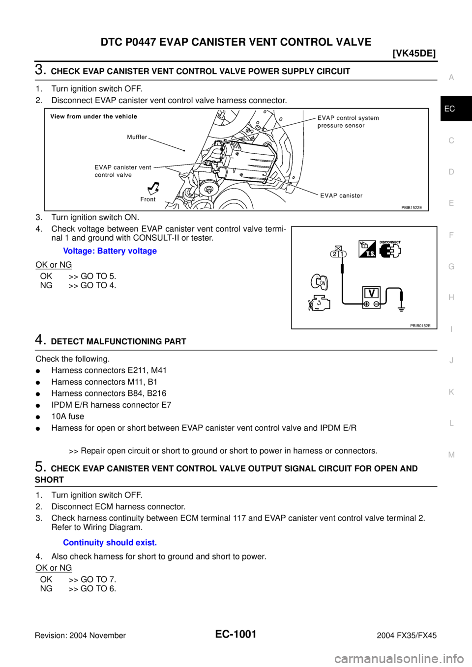 INFINITI FX35 2004  Service Manual DTC P0447 EVAP CANISTER VENT CONTROL VALVE
EC-1001
[VK45DE]
C
D
E
F
G
H
I
J
K
L
MA
EC
Revision: 2004 November 2004 FX35/FX45
3. CHECK EVAP CANISTER VENT CONTROL VALVE POWER SUPPLY CIRCUIT
1. Turn igni