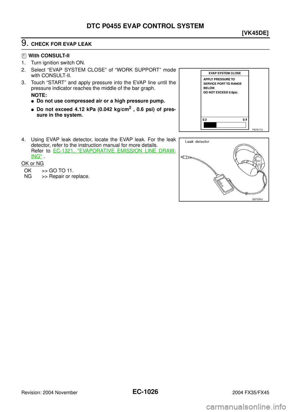 INFINITI FX35 2004  Service Manual EC-1026
[VK45DE]
DTC P0455 EVAP CONTROL SYSTEM
Revision: 2004 November 2004 FX35/FX45
9. CHECK FOR EVAP LEAK
 With CONSULT-II
1. Turn ignition switch ON.
2. Select “EVAP SYSTEM CLOSE” of “WORK S