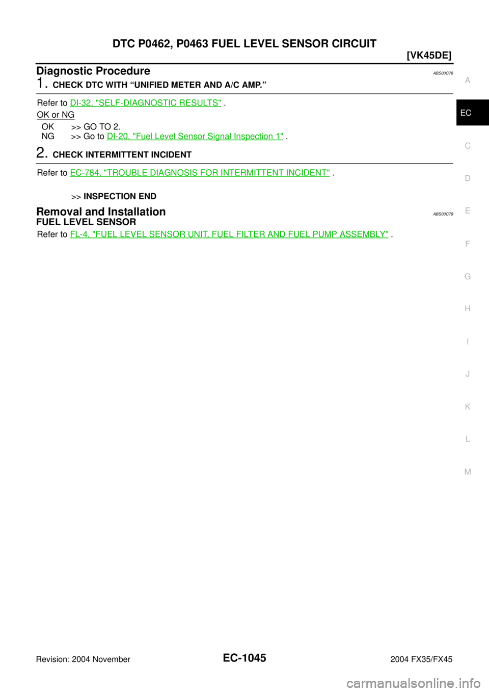 INFINITI FX35 2004  Service Manual DTC P0462, P0463 FUEL LEVEL SENSOR CIRCUIT
EC-1045
[VK45DE]
C
D
E
F
G
H
I
J
K
L
MA
EC
Revision: 2004 November 2004 FX35/FX45
Diagnostic ProcedureABS00C78
1. CHECK DTC WITH “UNIFIED METER AND A/C AMP