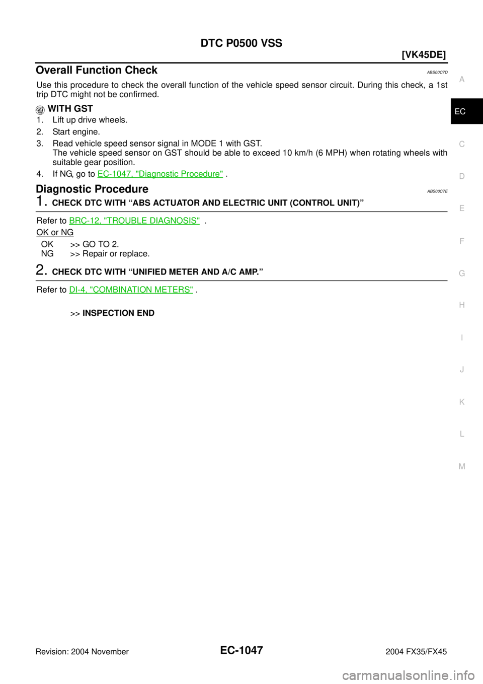 INFINITI FX35 2004  Service Manual DTC P0500 VSS
EC-1047
[VK45DE]
C
D
E
F
G
H
I
J
K
L
MA
EC
Revision: 2004 November 2004 FX35/FX45
Overall Function CheckABS00C7D
Use this procedure to check the overall function of the vehicle speed sen