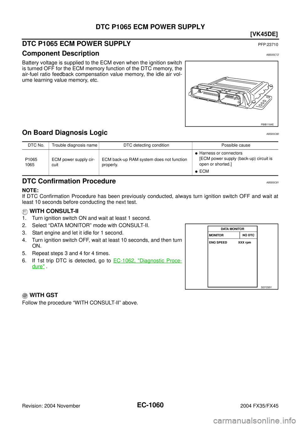 INFINITI FX35 2004  Service Manual EC-1060
[VK45DE]
DTC P1065 ECM POWER SUPPLY
Revision: 2004 November 2004 FX35/FX45
DTC P1065 ECM POWER SUPPLYPFP:23710
Component DescriptionABS00C7Z
Battery voltage is supplied to the ECM even when th