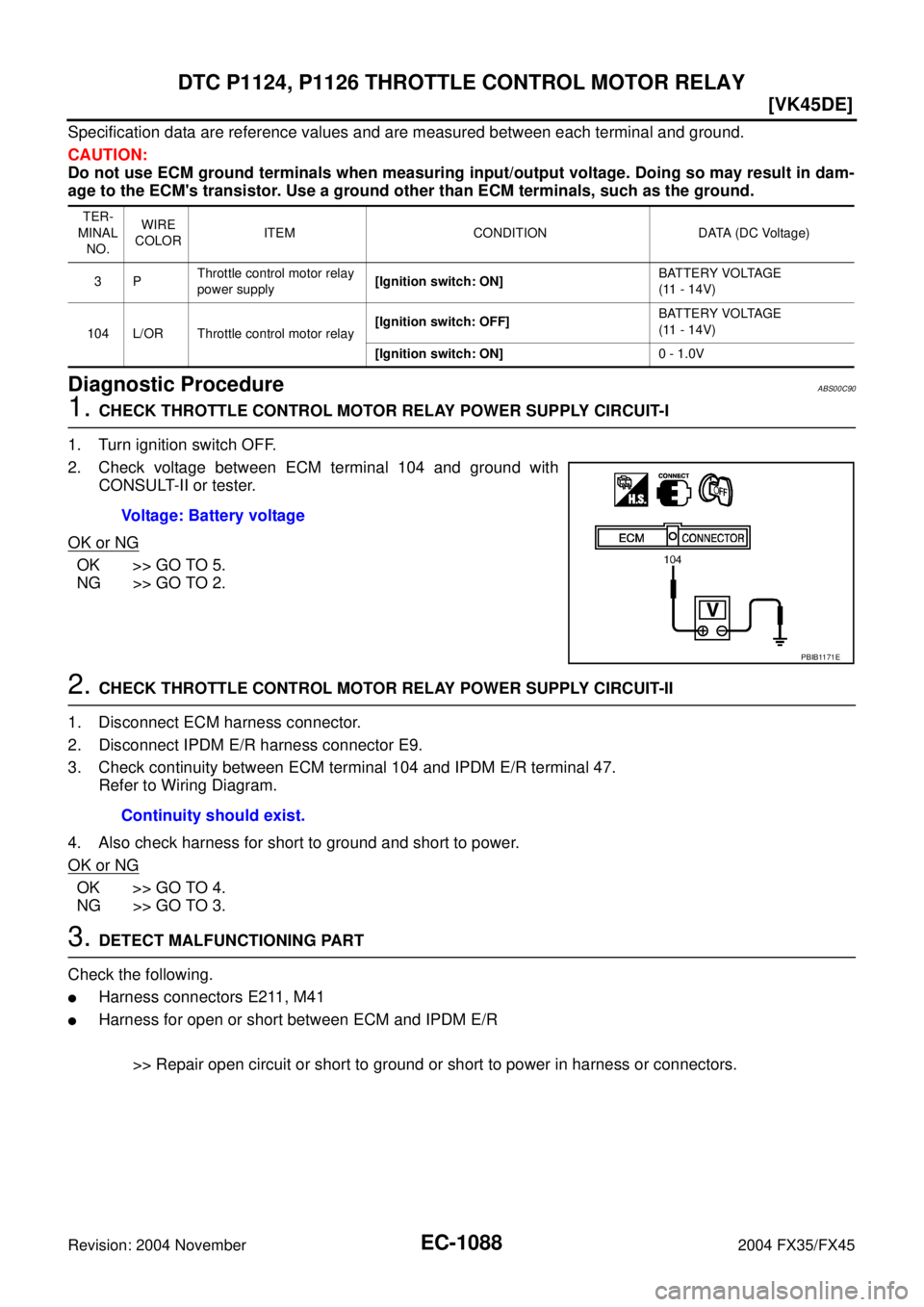 INFINITI FX35 2004  Service Manual EC-1088
[VK45DE]
DTC P1124, P1126 THROTTLE CONTROL MOTOR RELAY
Revision: 2004 November 2004 FX35/FX45
Specification data are reference values and are measured between each terminal and ground.
CAUTION
