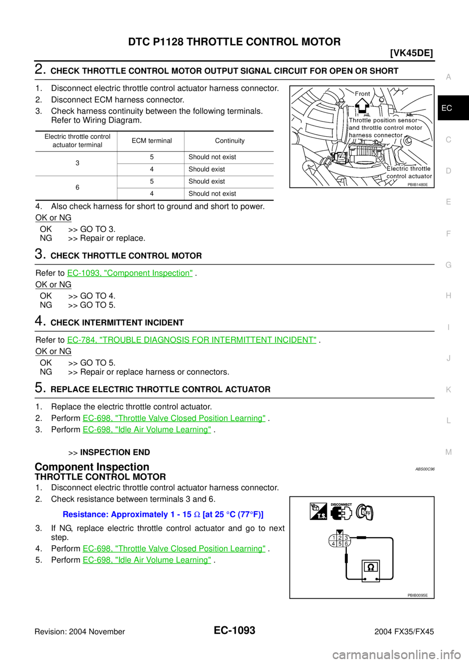 INFINITI FX35 2004  Service Manual DTC P1128 THROTTLE CONTROL MOTOR
EC-1093
[VK45DE]
C
D
E
F
G
H
I
J
K
L
MA
EC
Revision: 2004 November 2004 FX35/FX45
2. CHECK THROTTLE CONTROL MOTOR OUTPUT SIGNAL CIRCUIT FOR OPEN OR SHORT
1. Disconnect