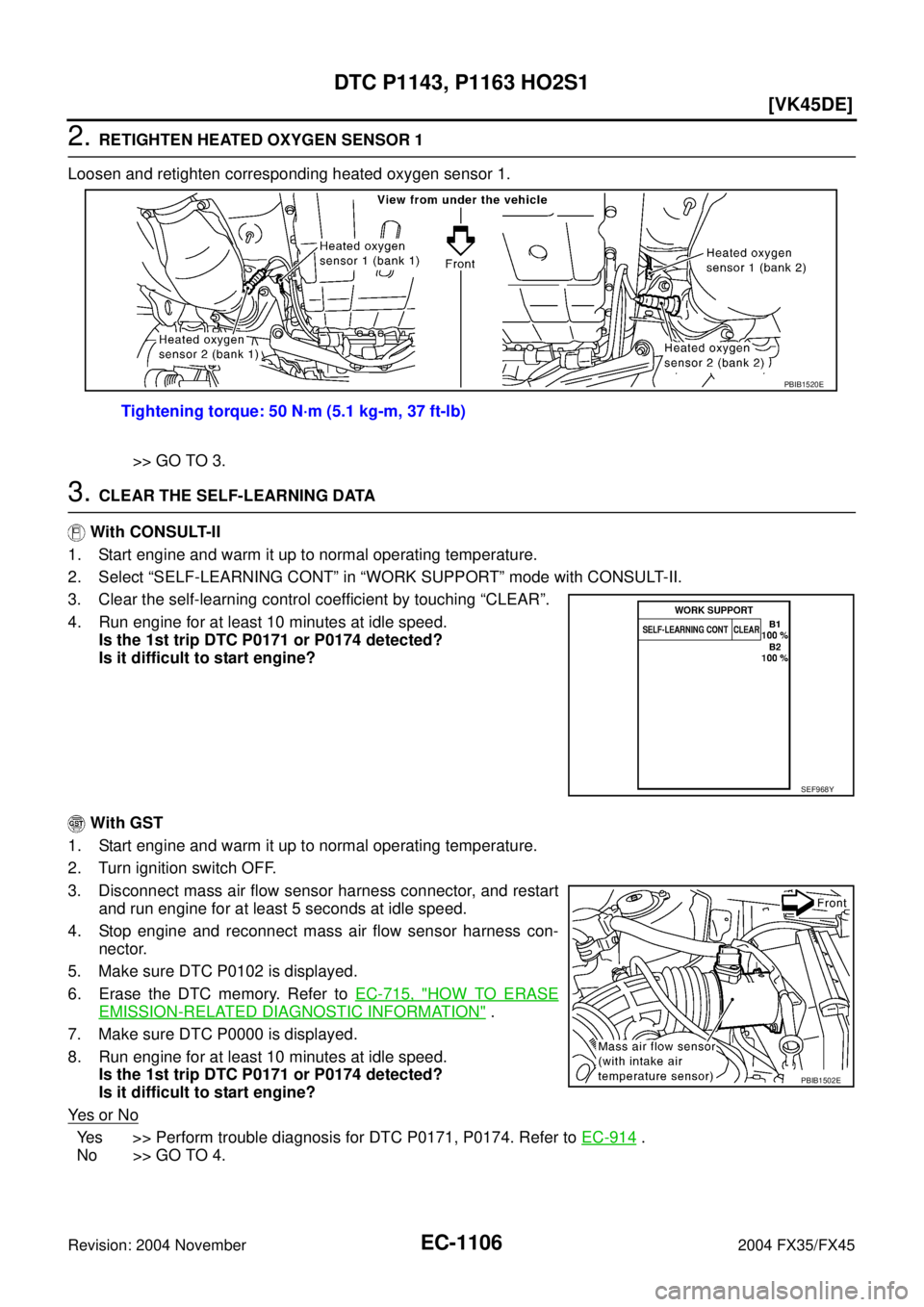 INFINITI FX35 2004  Service Manual EC-1106
[VK45DE]
DTC P1143, P1163 HO2S1
Revision: 2004 November 2004 FX35/FX45
2. RETIGHTEN HEATED OXYGEN SENSOR 1
Loosen and retighten corresponding heated oxygen sensor 1.
>> GO TO 3.
3. CLEAR THE S