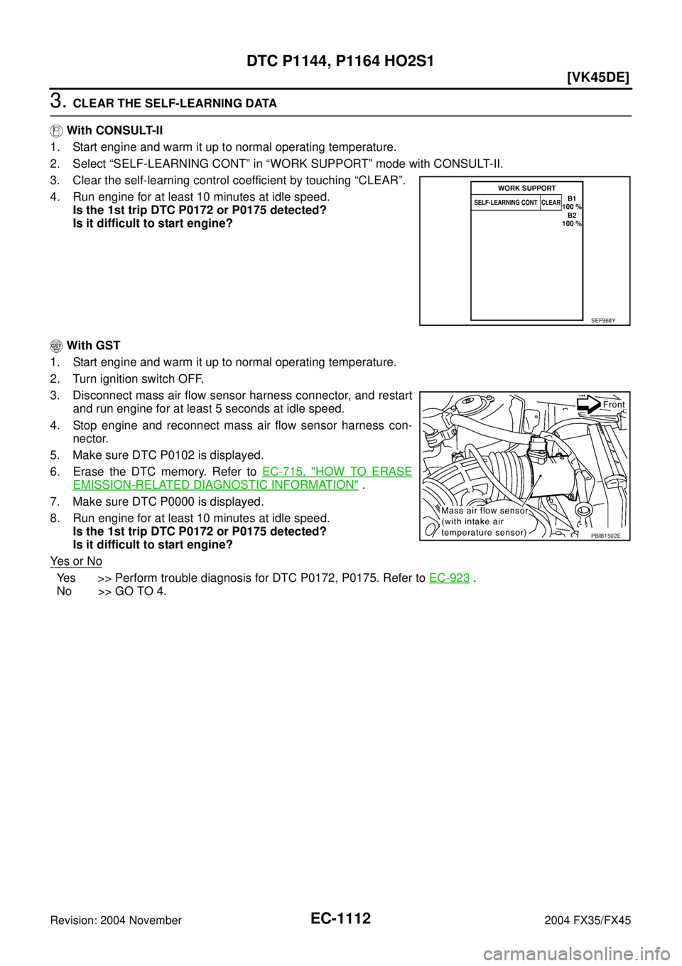 INFINITI FX35 2004  Service Manual EC-1112
[VK45DE]
DTC P1144, P1164 HO2S1
Revision: 2004 November 2004 FX35/FX45
3. CLEAR THE SELF-LEARNING DATA
 With CONSULT-II
1. Start engine and warm it up to normal operating temperature.
2. Selec