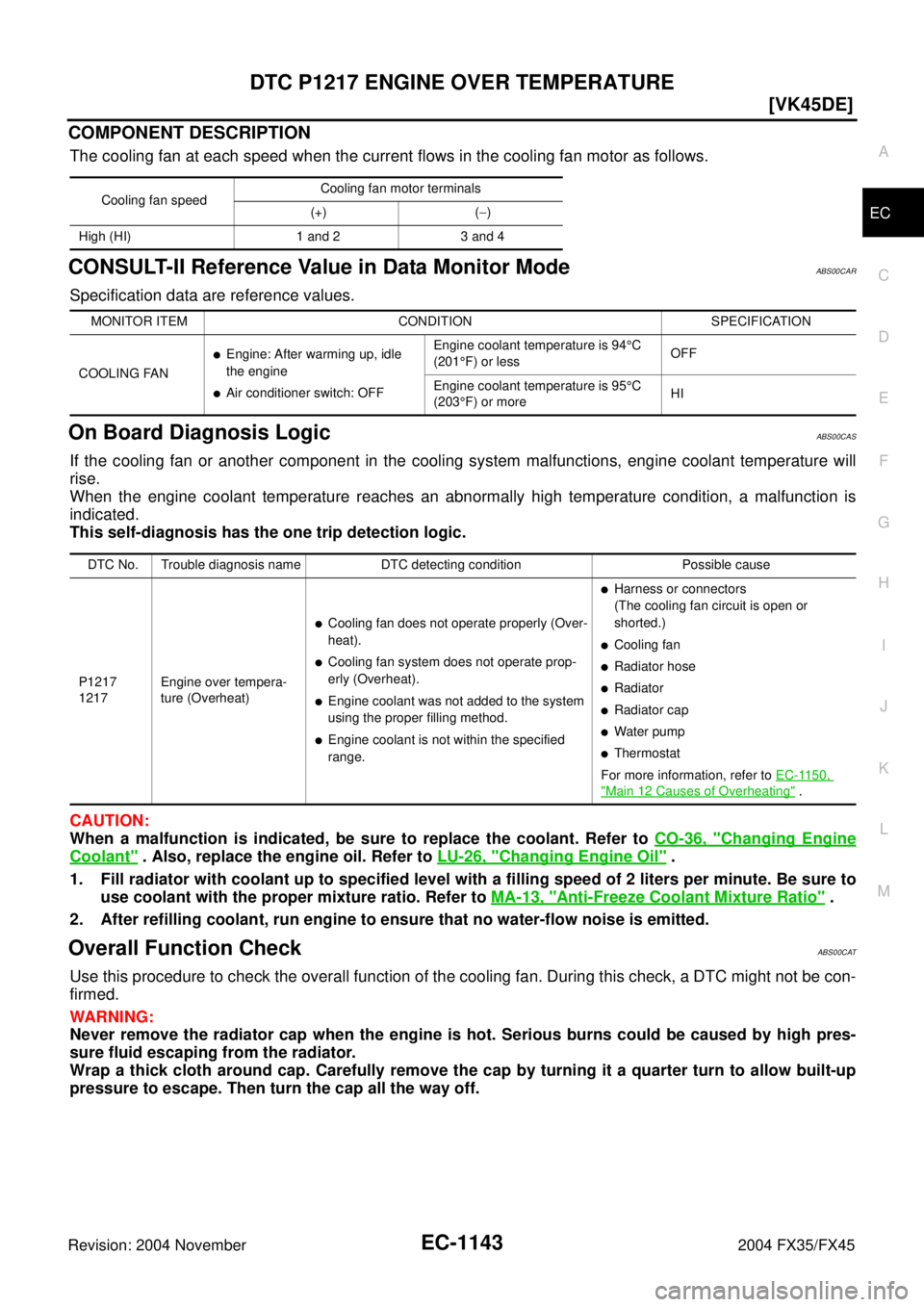 INFINITI FX35 2004  Service Manual DTC P1217 ENGINE OVER TEMPERATURE
EC-1143
[VK45DE]
C
D
E
F
G
H
I
J
K
L
MA
EC
Revision: 2004 November 2004 FX35/FX45
COMPONENT DESCRIPTION
The cooling fan at each speed when the current flows in the co