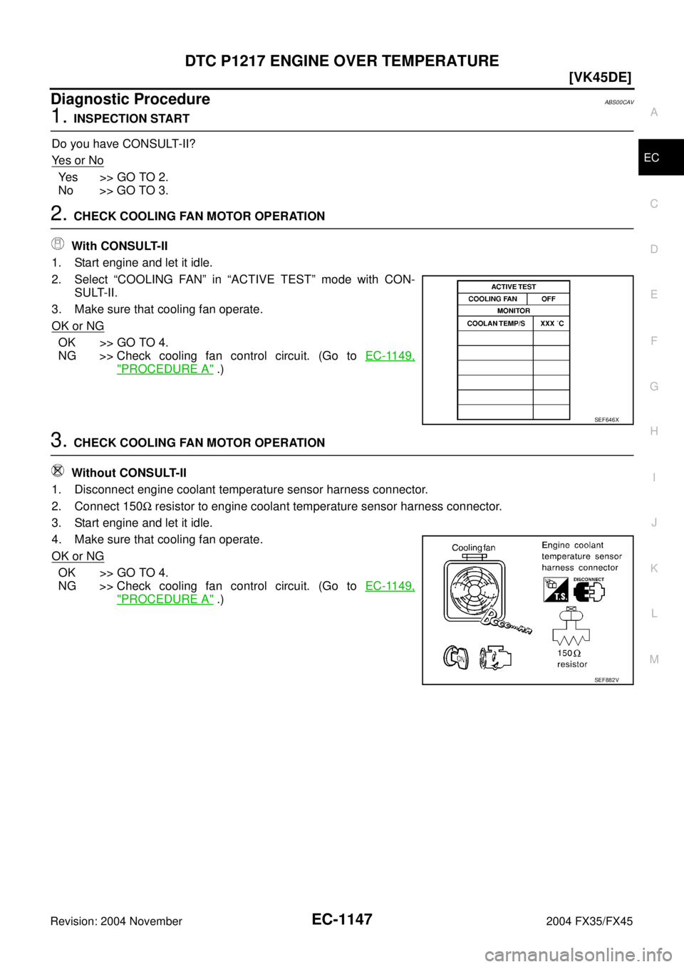 INFINITI FX35 2004  Service Manual DTC P1217 ENGINE OVER TEMPERATURE
EC-1147
[VK45DE]
C
D
E
F
G
H
I
J
K
L
MA
EC
Revision: 2004 November 2004 FX35/FX45
Diagnostic ProcedureABS00CAV
1. INSPECTION START
Do you have CONSULT-II?
Ye s  o r  