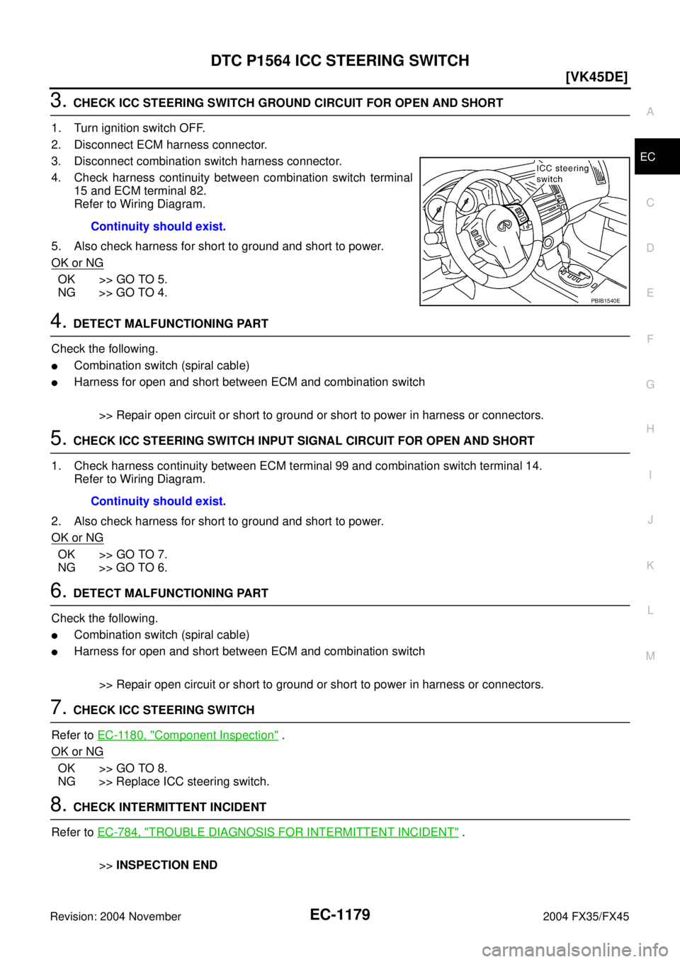 INFINITI FX35 2004  Service Manual DTC P1564 ICC STEERING SWITCH
EC-1179
[VK45DE]
C
D
E
F
G
H
I
J
K
L
MA
EC
Revision: 2004 November 2004 FX35/FX45
3. CHECK ICC STEERING SWITCH GROUND CIRCUIT FOR OPEN AND SHORT
1. Turn ignition switch O