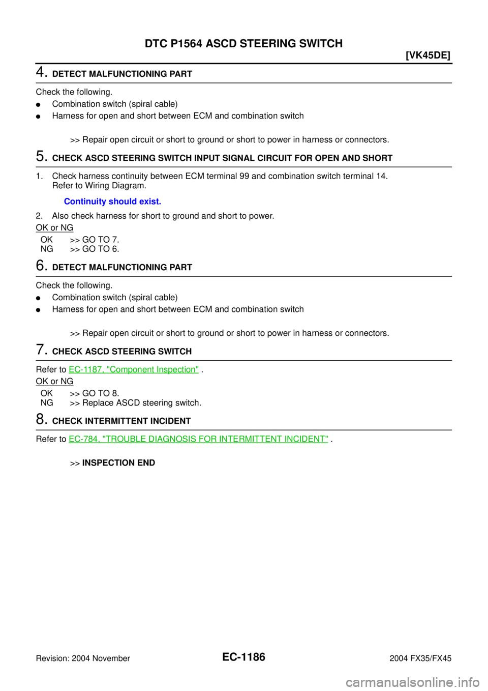 INFINITI FX35 2004  Service Manual EC-1186
[VK45DE]
DTC P1564 ASCD STEERING SWITCH
Revision: 2004 November 2004 FX35/FX45
4. DETECT MALFUNCTIONING PART
Check the following.
Combination switch (spiral cable)
Harness for open and short
