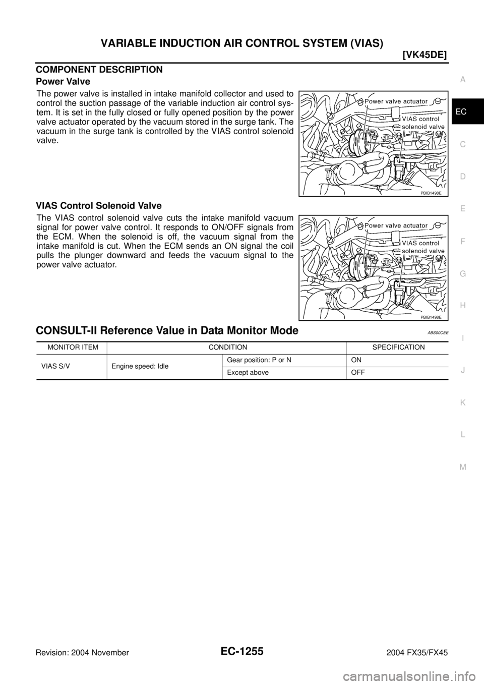 INFINITI FX35 2004  Service Manual VARIABLE INDUCTION AIR CONTROL SYSTEM (VIAS)
EC-1255
[VK45DE]
C
D
E
F
G
H
I
J
K
L
MA
EC
Revision: 2004 November 2004 FX35/FX45
COMPONENT DESCRIPTION
Power Valve
The power valve is installed in intake 