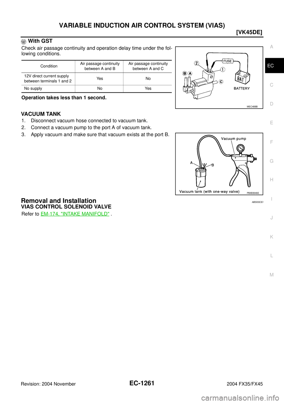 INFINITI FX35 2004  Service Manual VARIABLE INDUCTION AIR CONTROL SYSTEM (VIAS)
EC-1261
[VK45DE]
C
D
E
F
G
H
I
J
K
L
MA
EC
Revision: 2004 November 2004 FX35/FX45
 With GST
Check air passage continuity and operation delay time under the