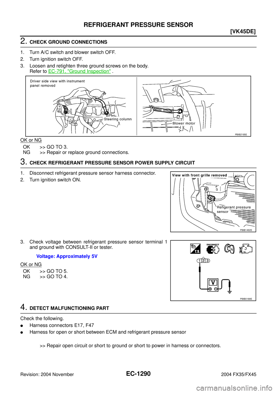 INFINITI FX35 2004  Service Manual EC-1290
[VK45DE]
REFRIGERANT PRESSURE SENSOR
Revision: 2004 November 2004 FX35/FX45
2. CHECK GROUND CONNECTIONS
1. Turn A/C switch and blower switch OFF.
2. Turn ignition switch OFF.
3. Loosen and ret