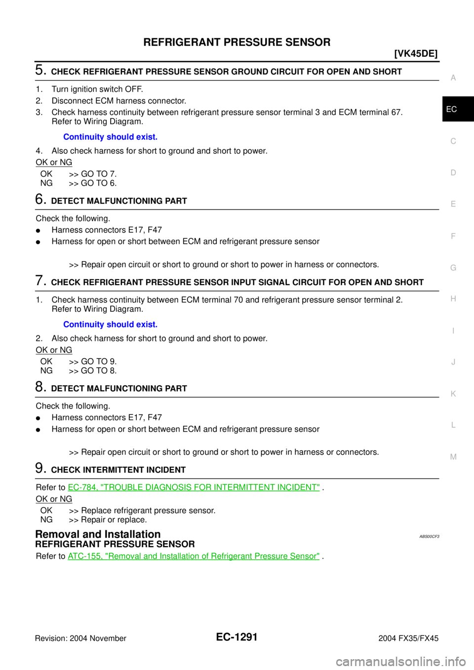 INFINITI FX35 2004  Service Manual REFRIGERANT PRESSURE SENSOR
EC-1291
[VK45DE]
C
D
E
F
G
H
I
J
K
L
MA
EC
Revision: 2004 November 2004 FX35/FX45
5. CHECK REFRIGERANT PRESSURE SENSOR GROUND CIRCUIT FOR OPEN AND SHORT
1. Turn ignition sw