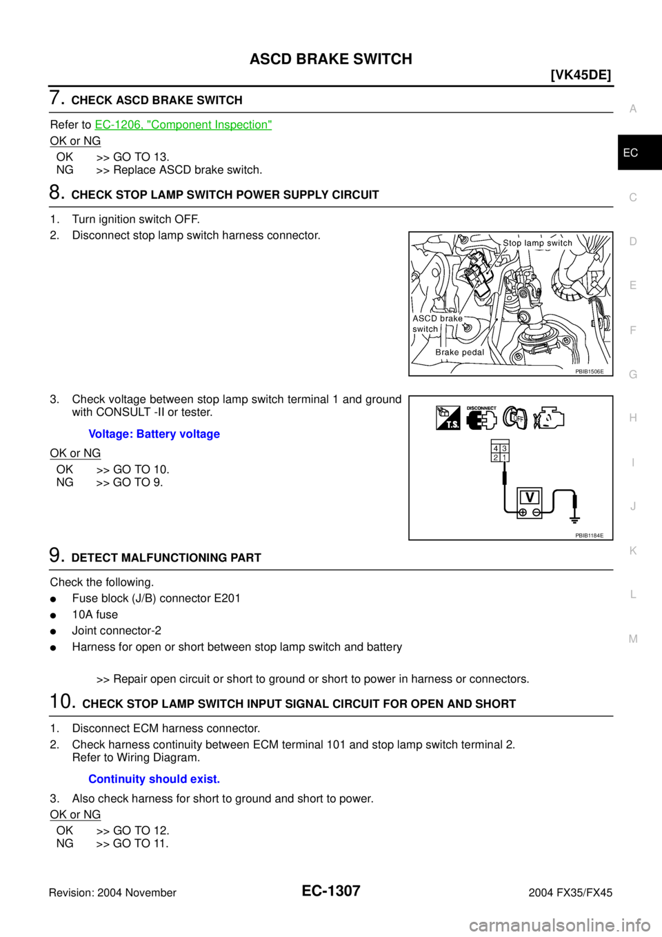 INFINITI FX35 2004  Service Manual ASCD BRAKE SWITCH
EC-1307
[VK45DE]
C
D
E
F
G
H
I
J
K
L
MA
EC
Revision: 2004 November 2004 FX35/FX45
7. CHECK ASCD BRAKE SWITCH
Refer to EC-1206, "
Component Inspection"  
OK or NG
OK >> GO TO 13.
NG >