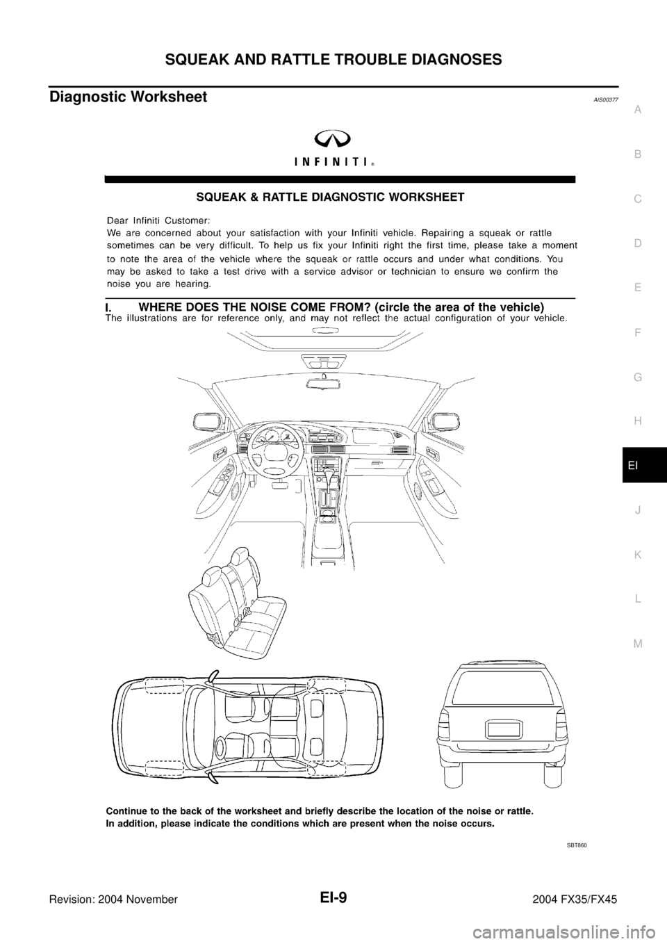 INFINITI FX35 2004  Service Manual SQUEAK AND RATTLE TROUBLE DIAGNOSES
EI-9
C
D
E
F
G
H
J
K
L
MA
B
EI
Revision: 2004 November 2004 FX35/FX45
Diagnostic WorksheetAIS00377
SBT860 