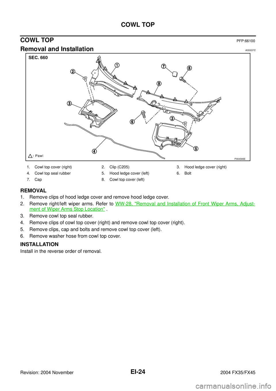 INFINITI FX35 2004  Service Manual EI-24
COWL TOP
Revision: 2004 November 2004 FX35/FX45
COWL TOPPFP:66100
Removal and InstallationAIS0037C
REMOVAL
1. Remove clips of hood ledge cover and remove hood ledge cover.
2. Remove right/left w