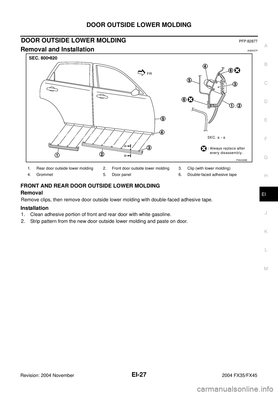 INFINITI FX35 2004  Service Manual DOOR OUTSIDE LOWER MOLDING
EI-27
C
D
E
F
G
H
J
K
L
MA
B
EI
Revision: 2004 November 2004 FX35/FX45
DOOR OUTSIDE LOWER MOLDINGPFP:82877
Removal and InstallationAIS0037F
FRONT AND REAR DOOR OUTSIDE LOWER
