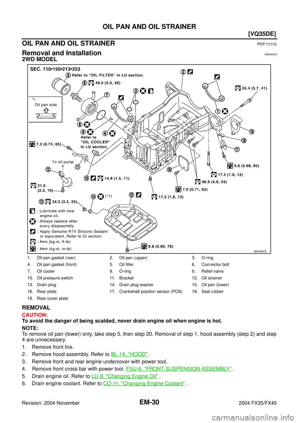 INFINITI FX35 2004  Service Manual EM-30
[VQ35DE]
OIL PAN AND OIL STRAINER
Revision: 2004 November 2004 FX35/FX45
OIL PAN AND OIL STRAINERP F P : 1111 0
Removal and InstallationABS004U5
2WD MODEL
REMOVAL
CAUTION:
To avoid the danger of