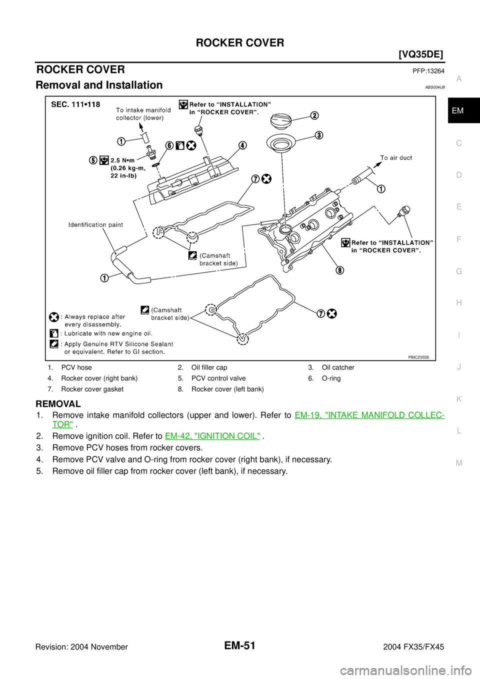 INFINITI FX35 2004  Service Manual ROCKER COVER
EM-51
[VQ35DE]
C
D
E
F
G
H
I
J
K
L
MA
EM
Revision: 2004 November 2004 FX35/FX45
ROCKER COVERPFP:13264
Removal and InstallationABS004U9
REMOVAL
1. Remove intake manifold collectors (upper 