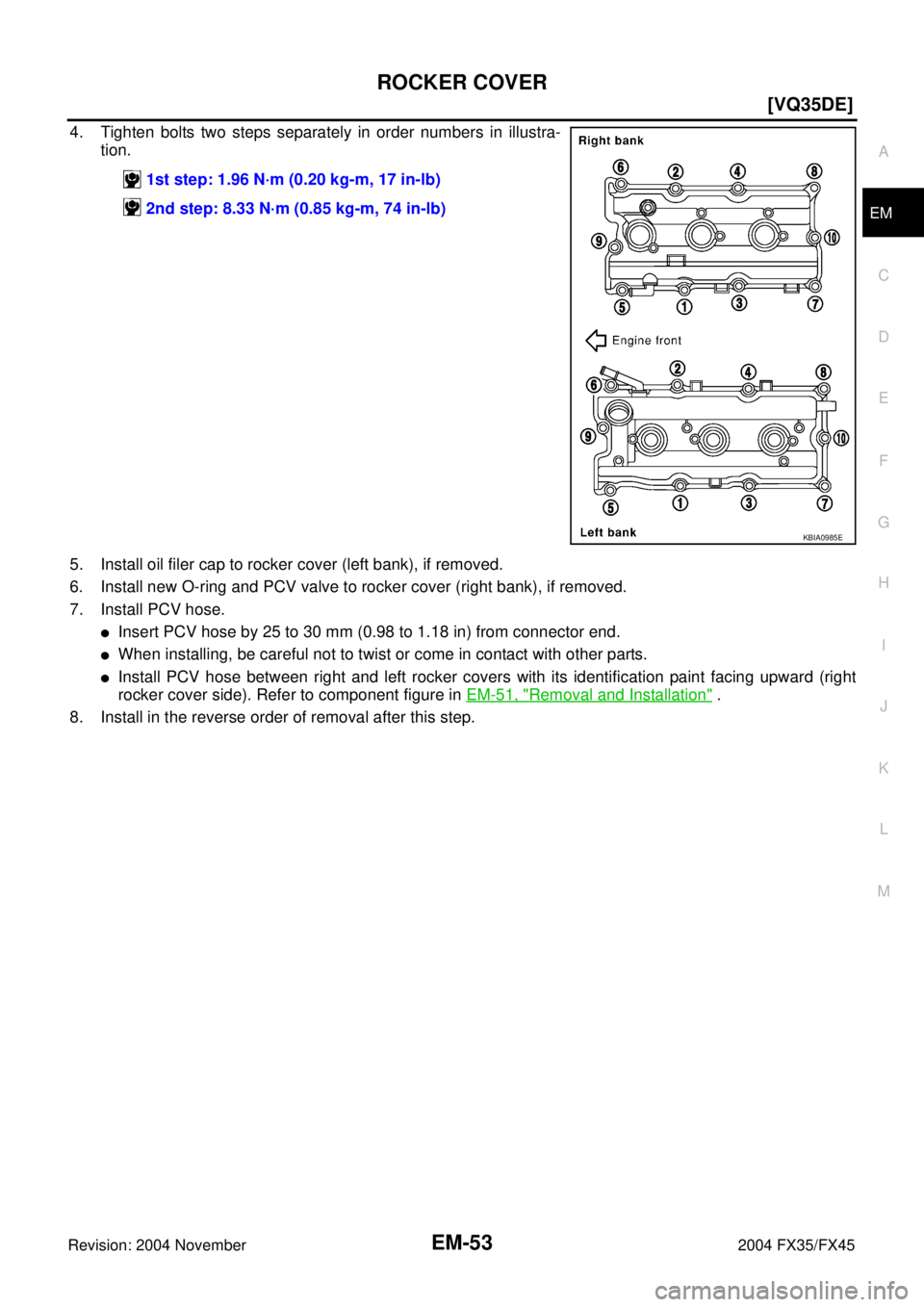 INFINITI FX35 2004  Service Manual ROCKER COVER
EM-53
[VQ35DE]
C
D
E
F
G
H
I
J
K
L
MA
EM
Revision: 2004 November 2004 FX35/FX45
4. Tighten bolts two steps separately in order numbers in illustra-
tion.
5. Install oil filer cap to rocke