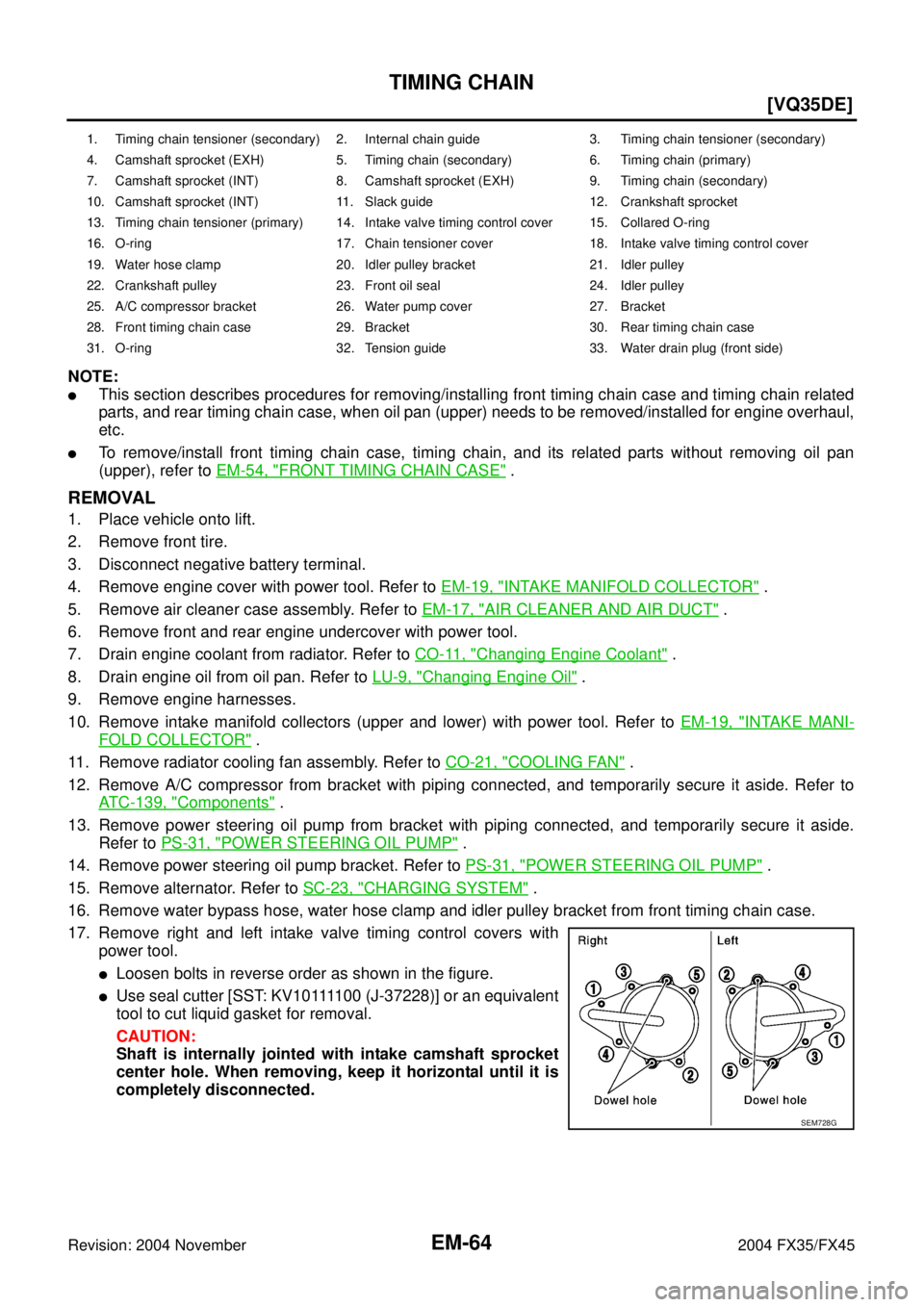 INFINITI FX35 2004  Service Manual EM-64
[VQ35DE]
TIMING CHAIN
Revision: 2004 November 2004 FX35/FX45
NOTE:
This section describes procedures for removing/installing front timing chain case and timing chain related
parts, and rear tim