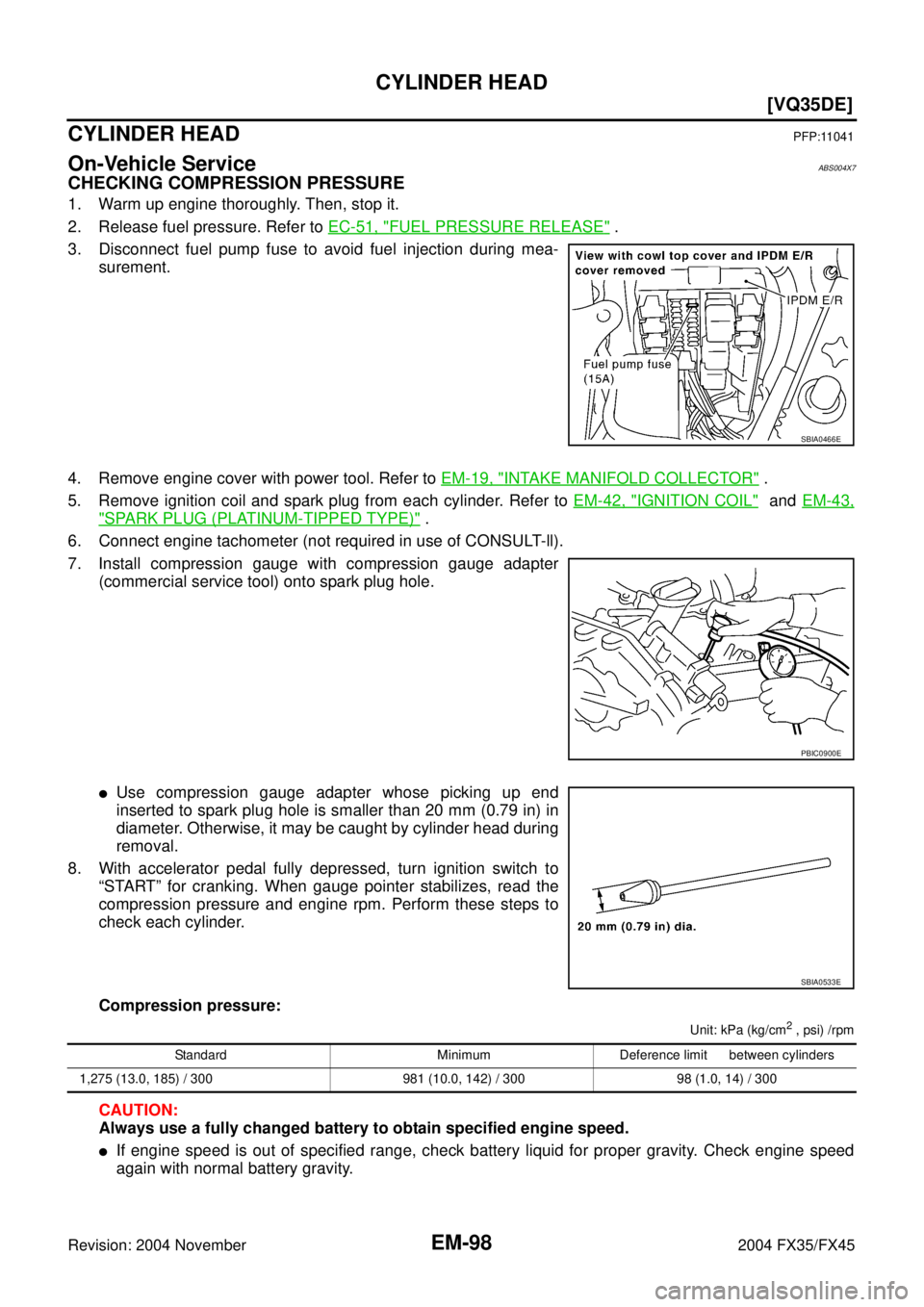 INFINITI FX35 2004  Service Manual EM-98
[VQ35DE]
CYLINDER HEAD
Revision: 2004 November 2004 FX35/FX45
CYLINDER HEADPFP:11041
On-Vehicle ServiceABS004X7
CHECKING COMPRESSION PRESSURE
1. Warm up engine thoroughly. Then, stop it.
2. Rele