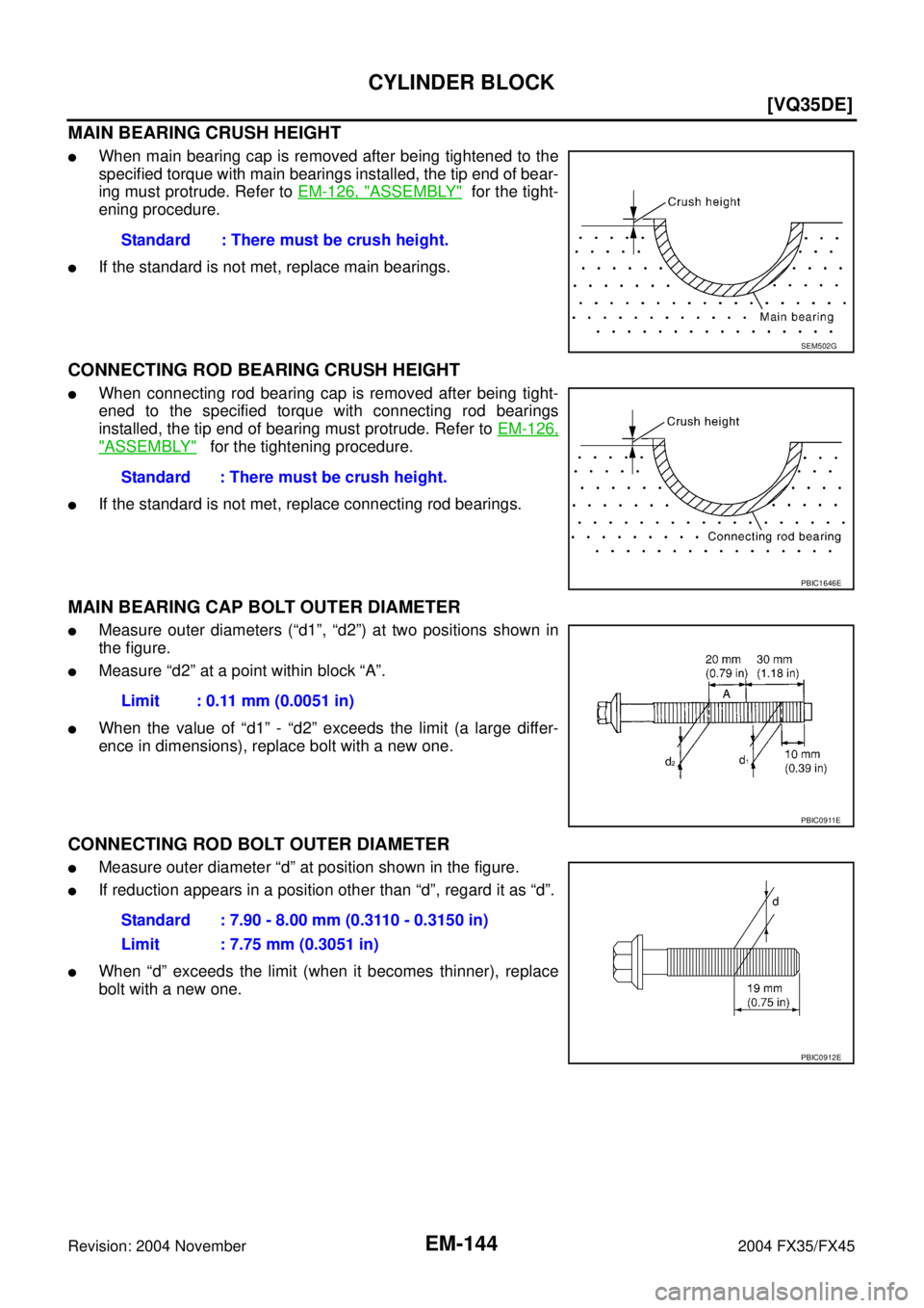 INFINITI FX35 2004  Service Manual EM-144
[VQ35DE]
CYLINDER BLOCK
Revision: 2004 November 2004 FX35/FX45
MAIN BEARING CRUSH HEIGHT
When main bearing cap is removed after being tightened to the
specified torque with main bearings insta