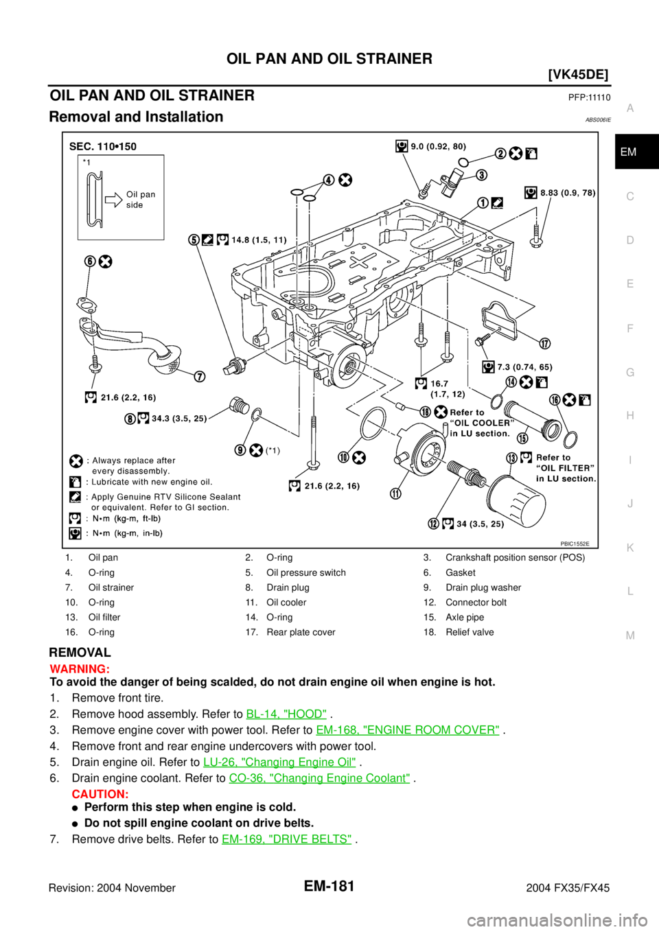INFINITI FX35 2004  Service Manual OIL PAN AND OIL STRAINER
EM-181
[VK45DE]
C
D
E
F
G
H
I
J
K
L
MA
EM
Revision: 2004 November 2004 FX35/FX45
OIL PAN AND OIL STRAINERP F P : 1111 0
Removal and InstallationABS006IE
REMOVAL
WARNING:
To av