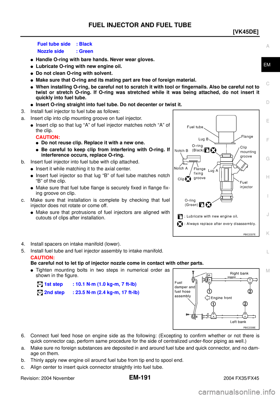 INFINITI FX35 2004  Service Manual FUEL INJECTOR AND FUEL TUBE
EM-191
[VK45DE]
C
D
E
F
G
H
I
J
K
L
MA
EM
Revision: 2004 November 2004 FX35/FX45
Handle O-ring with bare hands. Never wear gloves.
Lubricate O-ring with new engine oil.

