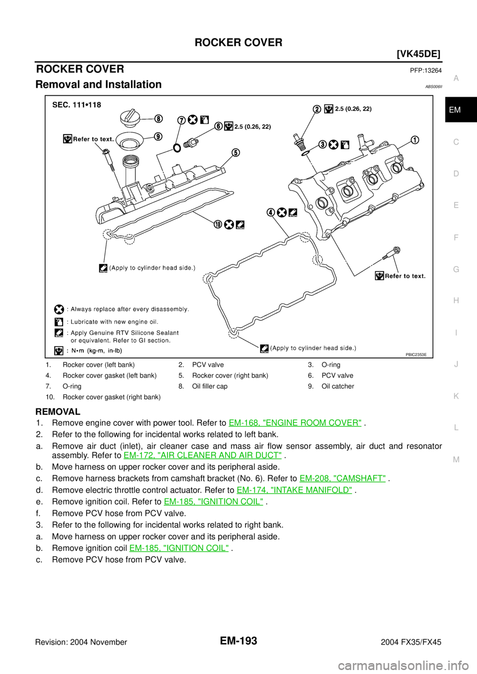 INFINITI FX35 2004  Service Manual ROCKER COVER
EM-193
[VK45DE]
C
D
E
F
G
H
I
J
K
L
MA
EM
Revision: 2004 November 2004 FX35/FX45
ROCKER COVERPFP:13264
Removal and InstallationABS006II
REMOVAL
1. Remove engine cover with power tool. Ref