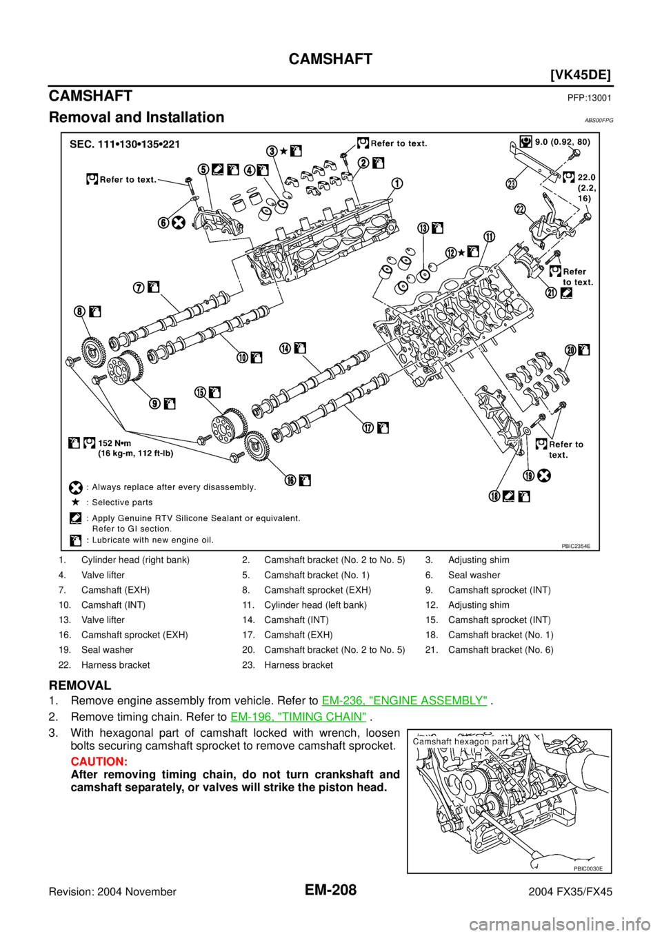 INFINITI FX35 2004  Service Manual EM-208
[VK45DE]
CAMSHAFT
Revision: 2004 November 2004 FX35/FX45
CAMSHAFTPFP:13001
Removal and InstallationABS00FPG
REMOVAL
1. Remove engine assembly from vehicle. Refer to EM-236, "ENGINE ASSEMBLY" .
