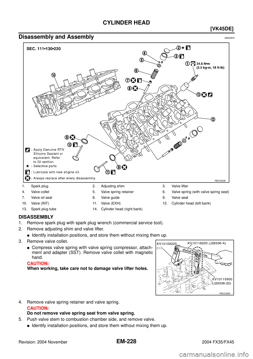 INFINITI FX35 2004  Service Manual EM-228
[VK45DE]
CYLINDER HEAD
Revision: 2004 November 2004 FX35/FX45
Disassembly and AssemblyABS006IR
DISASSEMBLY
1. Remove spark plug with spark plug wrench (commercial service tool).
2. Remove adjus